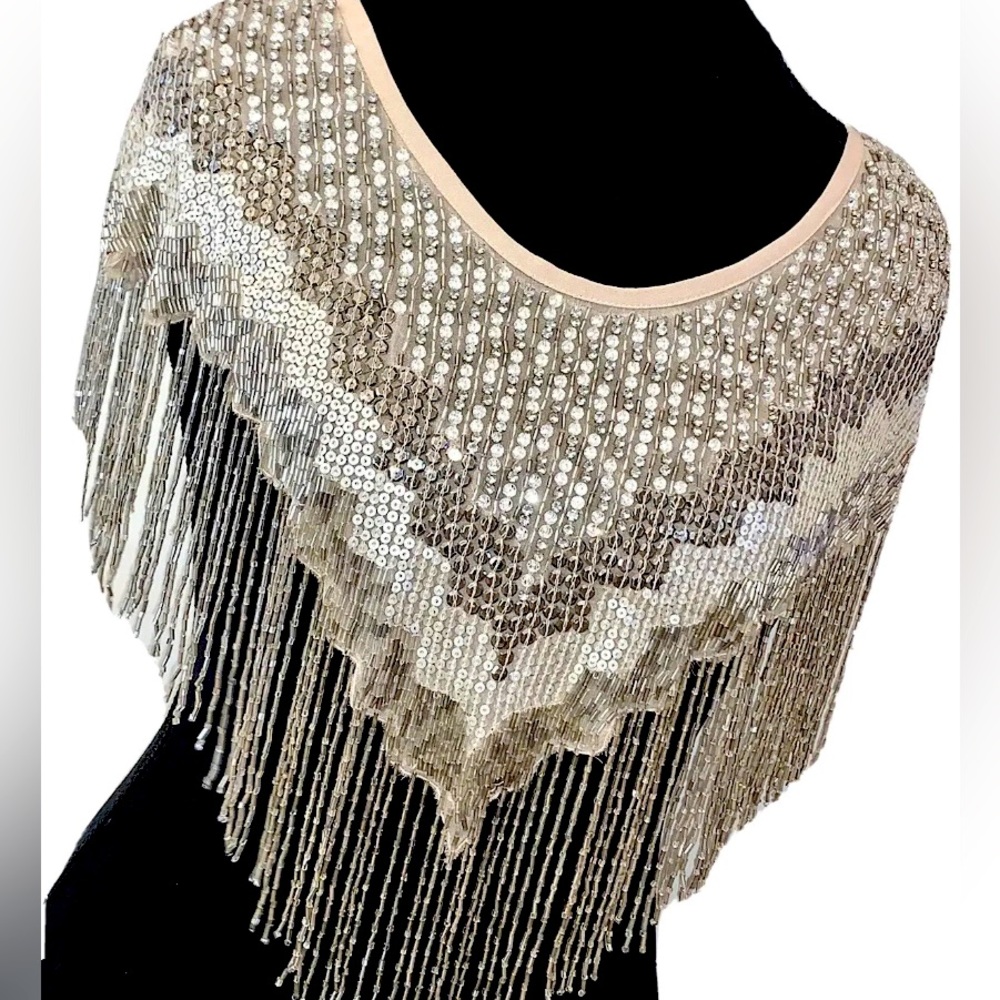 HAUTE HIPPIE Beaded Shawl $595 New Sequin Evening Cape 1920s Gatsby Ivory Bridal